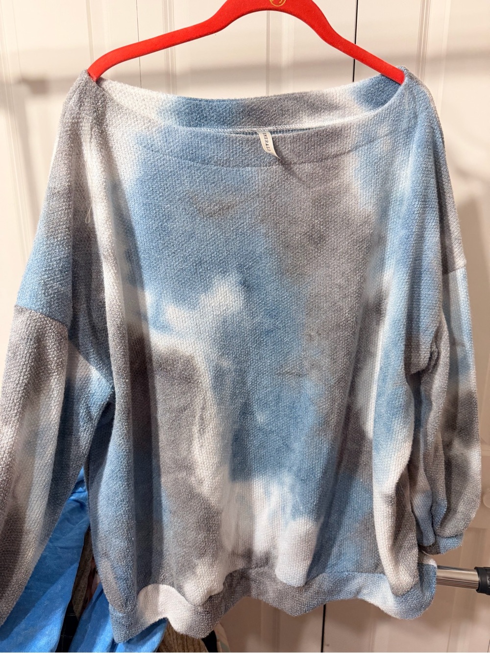 Emerald Blue and Gray Tie-Dye Off-the-Shoulder Sweater